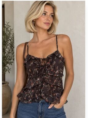 Trixxi Brown Floral Ruffle Cami Crop Tank Top